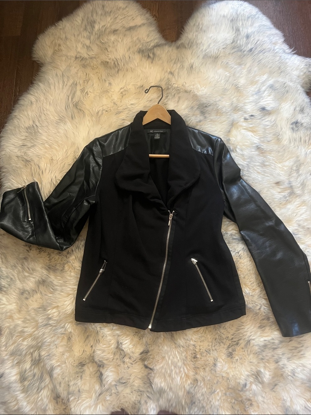 INC International Concepts Black Mixed-Media Moto Jacket